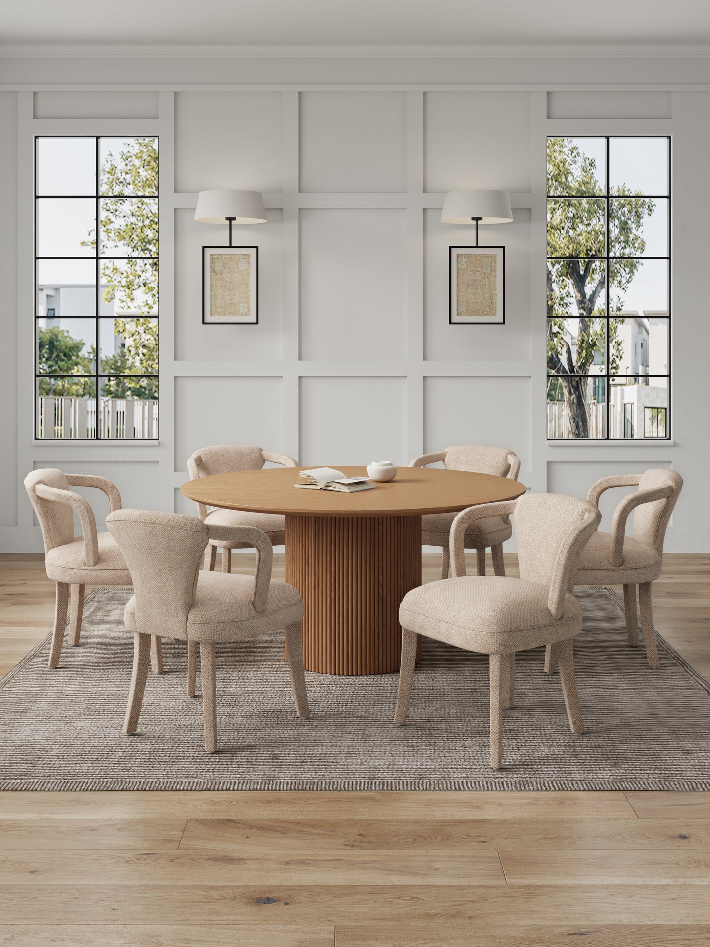 Manhattan Comfort 7-Piece Hathaway Modern 59.05 Solid Wood Round Dining Set in Natural with 6 Palmer Tweed Upholstered Dining Chairs in Gold Dust 6-DT05DC088AR-NAGD