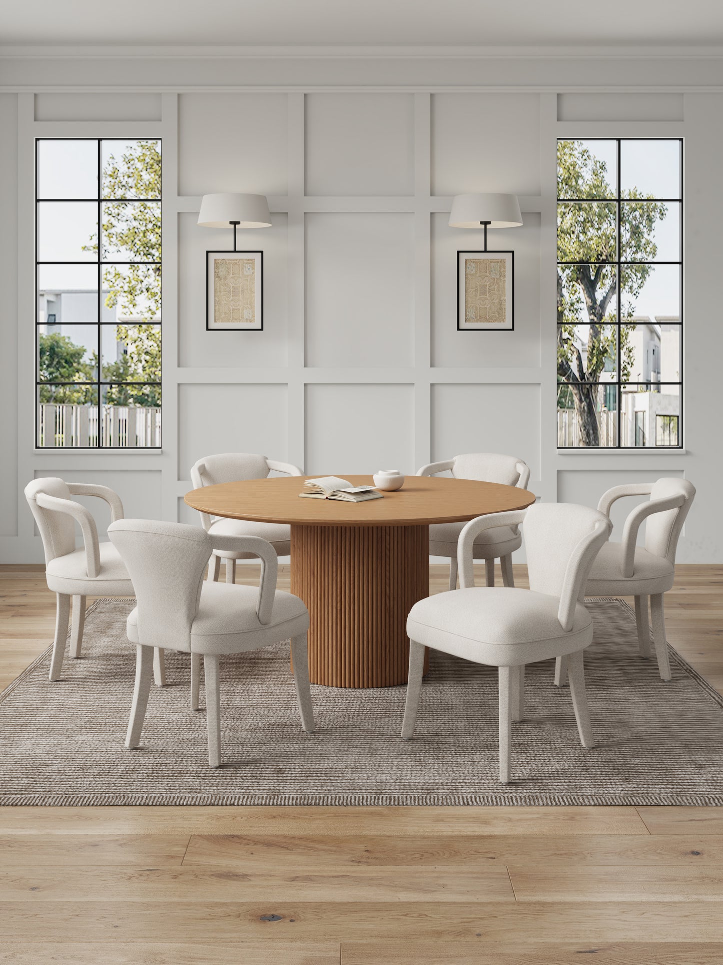 Manhattan Comfort 7-Piece Hathaway Modern 59.05 Solid Wood Round Dining Set with Upholstered Chairs