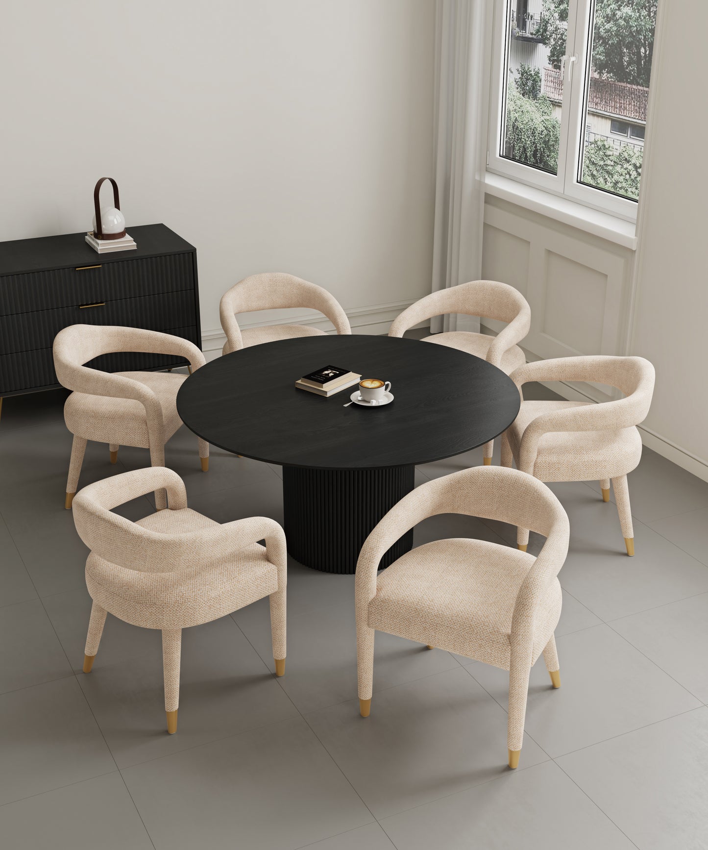 Manhattan Comfort 7-Piece Hathaway Modern Solid Wood Round Dining Set with Upholstered Chairs