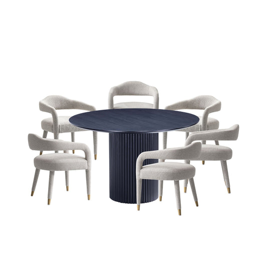 Manhattan Comfort 7-Piece Hathaway Modern Solid Wood Round Dining Set with Upholstered Chairs