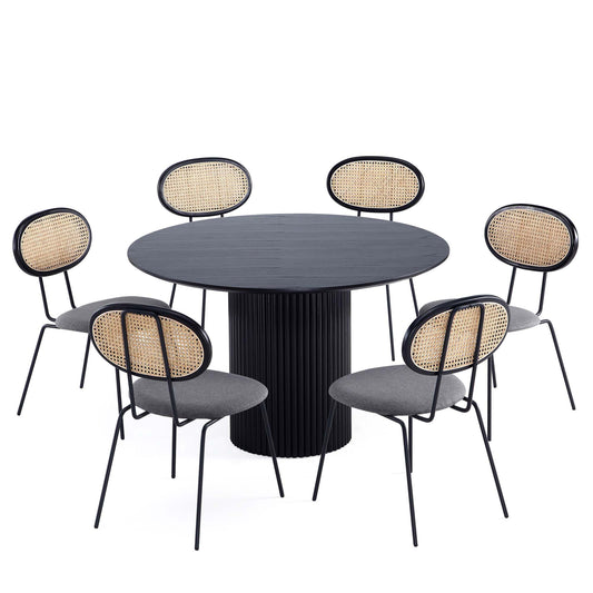 Manhattan Comfort 7-Piece Hathaway Modern 59.05 Solid Wood Round Dining Set in Black with 6 Jardin Cane Dining Chairs 6-DT05DCCA06-GY