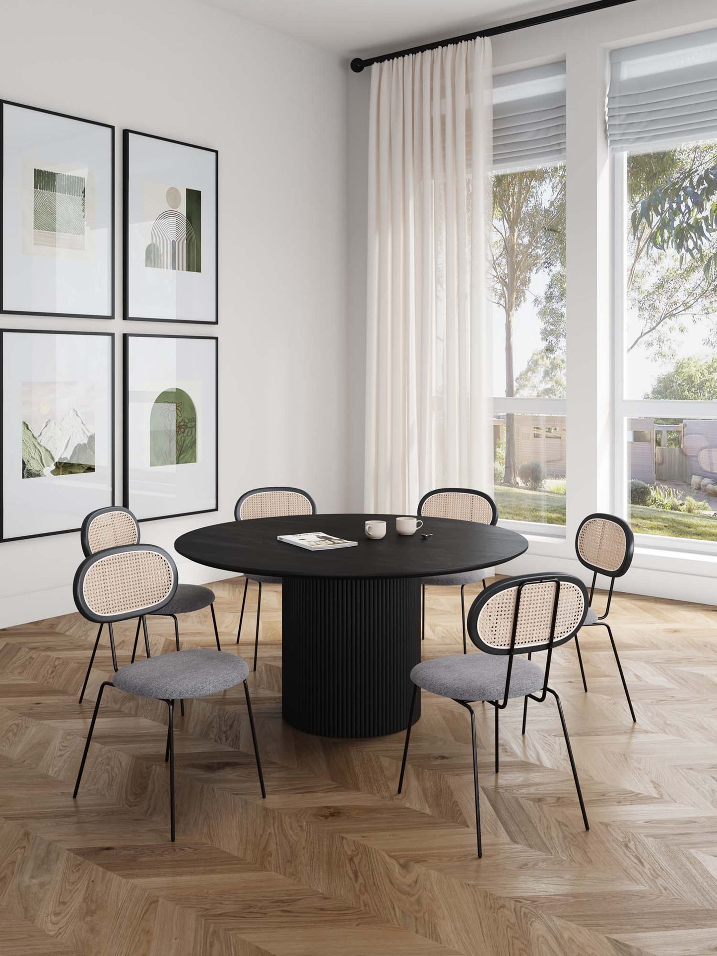 Manhattan Comfort 7-Piece Hathaway Modern 59.05 Solid Wood Round Dining Set in Black with 6 Jardin Cane Dining Chairs 6-DT05DCCA06-GY