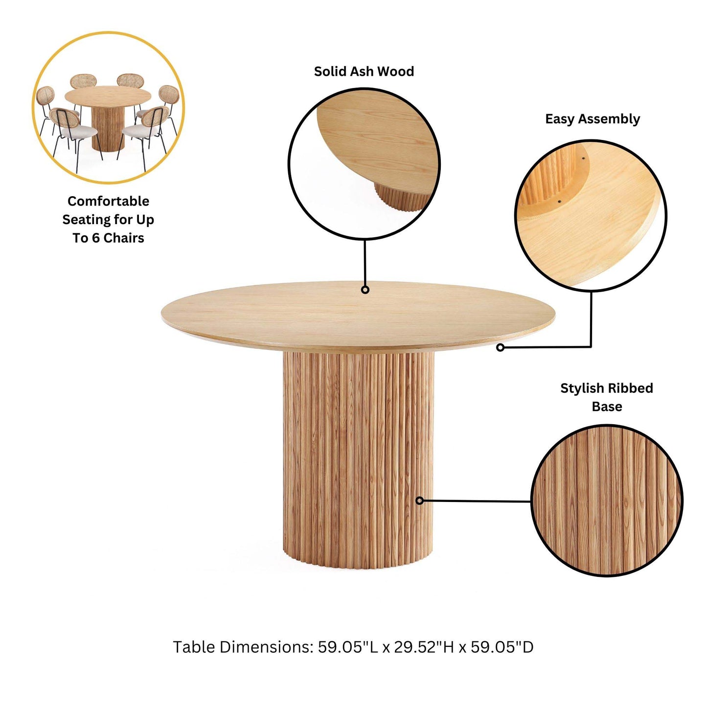 Manhattan Comfort 7-Piece Hathaway Modern 59.05 Solid Wood Round Dining Set in Nature with 6 Jardin Cane Dining Chairs 6-DT05DCCA06-OM