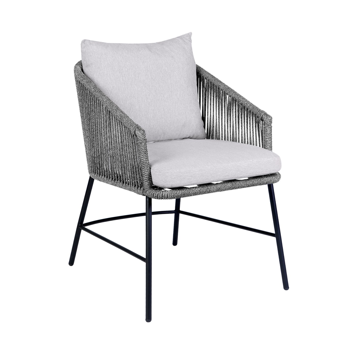 Calica Outdoor Patio Dining Chair in Black Metal and Gray Rope