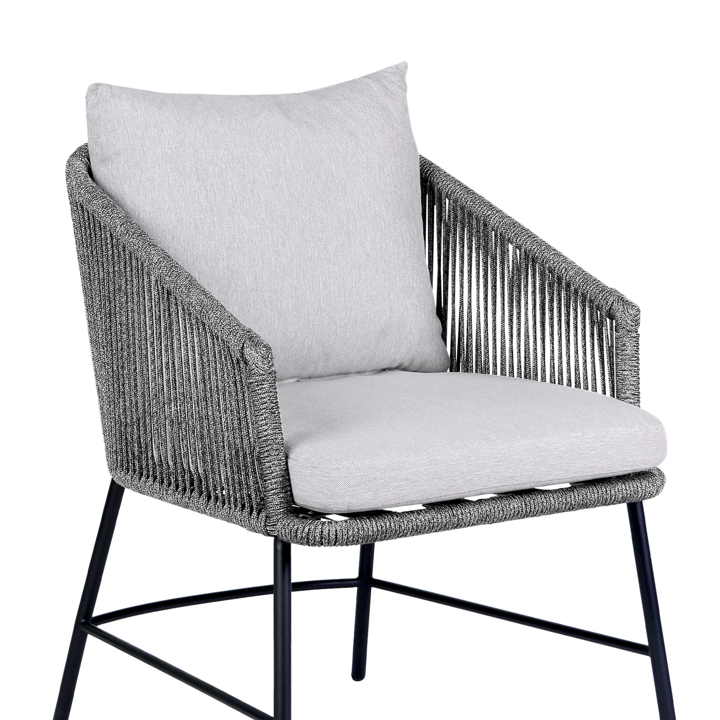 Calica Outdoor Patio Dining Chair in Black Metal and Gray Rope