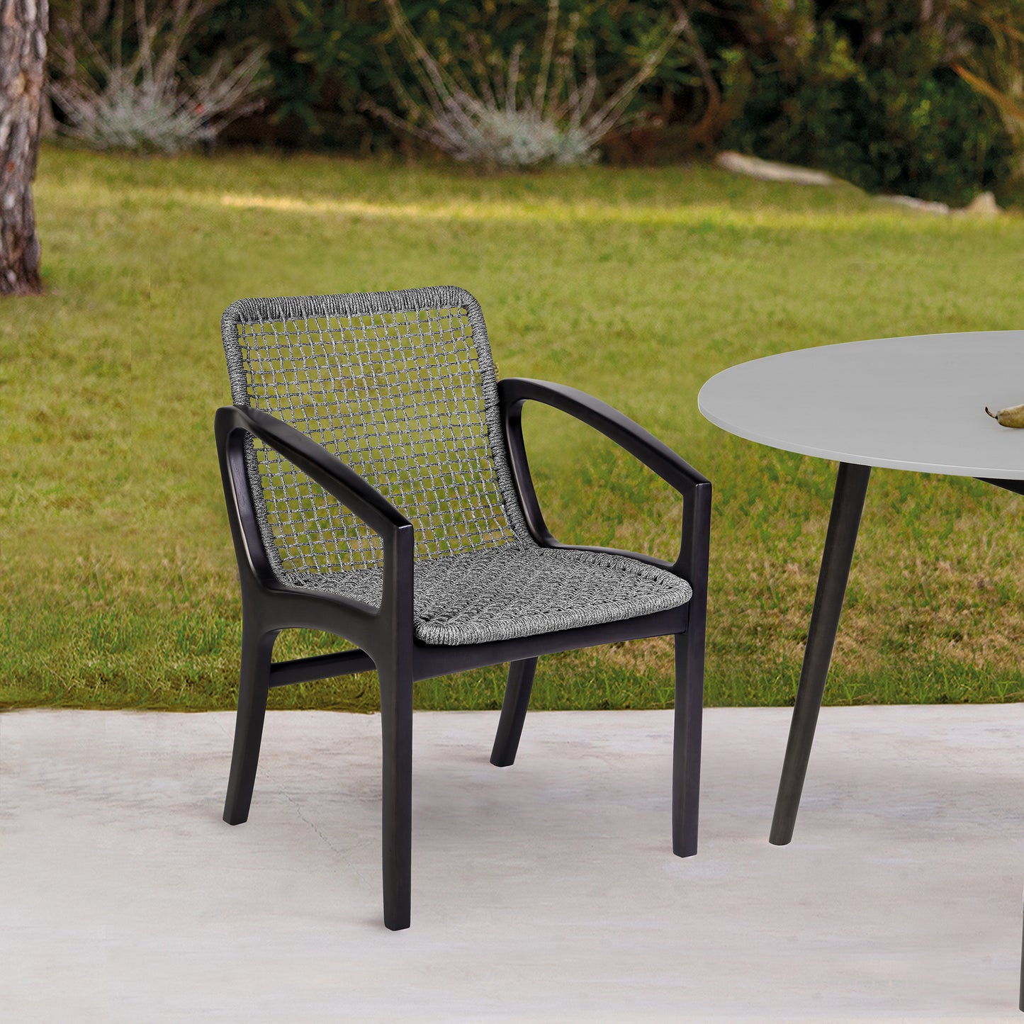 Brighton Outdoor Patio Dining Chair in Dark Eucalyptus Wood and Gray Rope