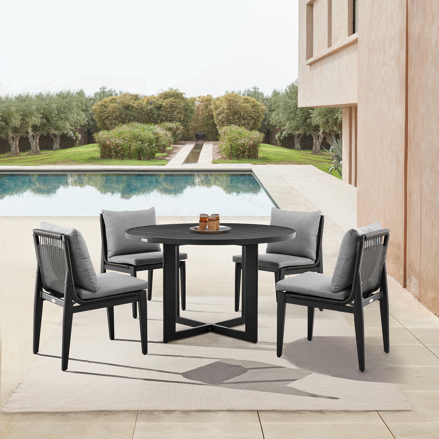 Grand Outdoor Patio Dining Chairs in Aluminum with Gray Cushions - Set of 2