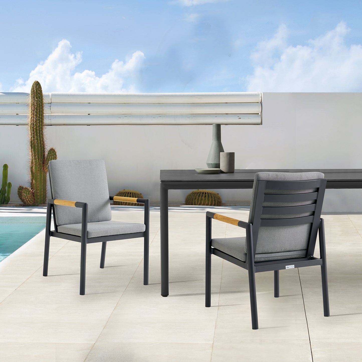 Royal Black Aluminum and Teak Outdoor Dining Chair with Dark Gray Fabric - Set of 2