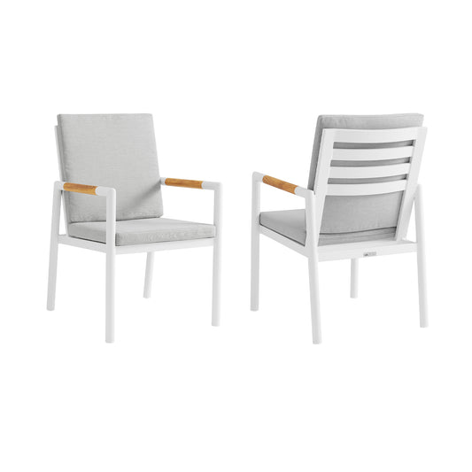 Royal White Aluminum and Teak Outdoor Dining Chair with Light Gray Fabric - Set of 2