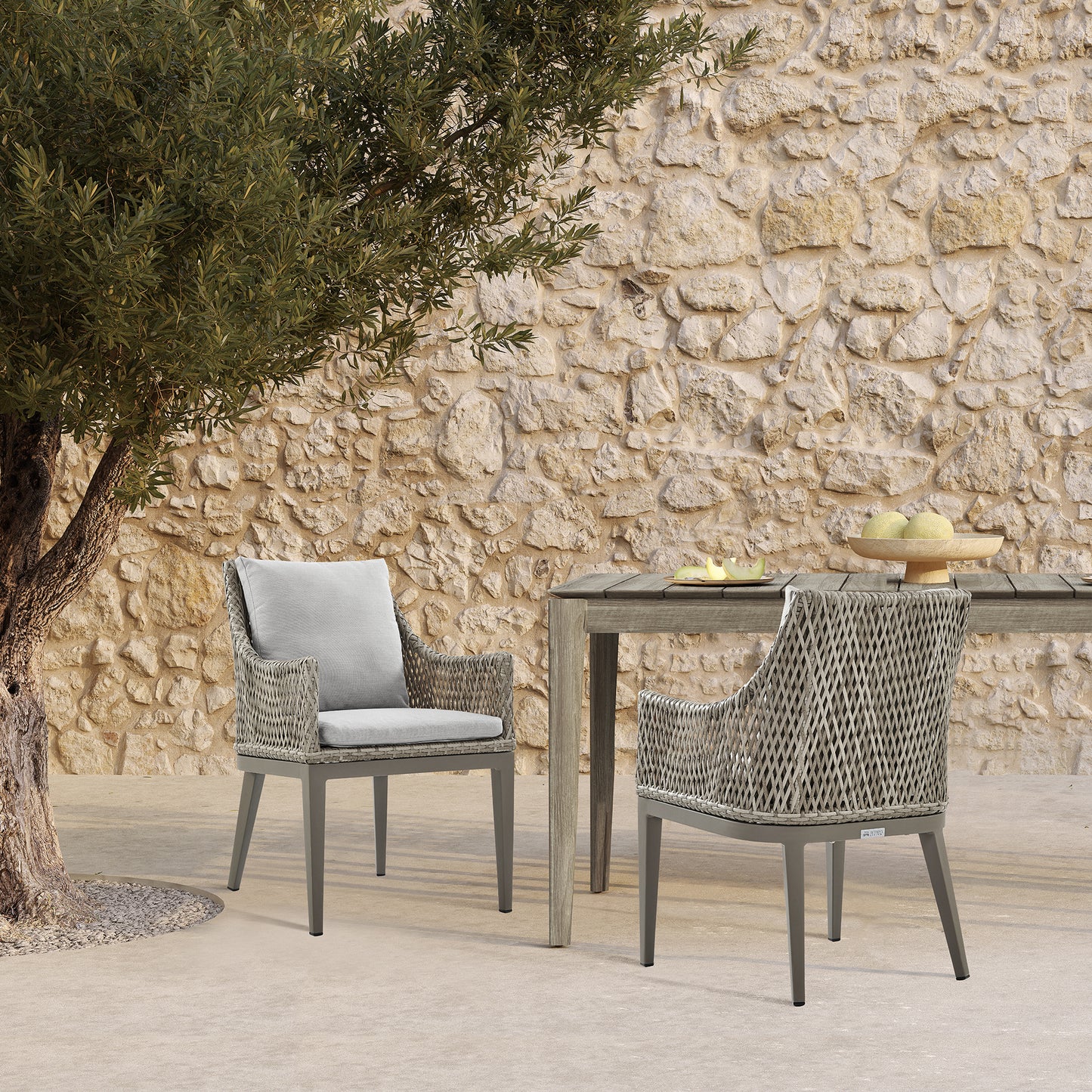 Silvana Outdoor Wicker and Aluminum Gray Dining Chair with Beige Cushions - Set of 2