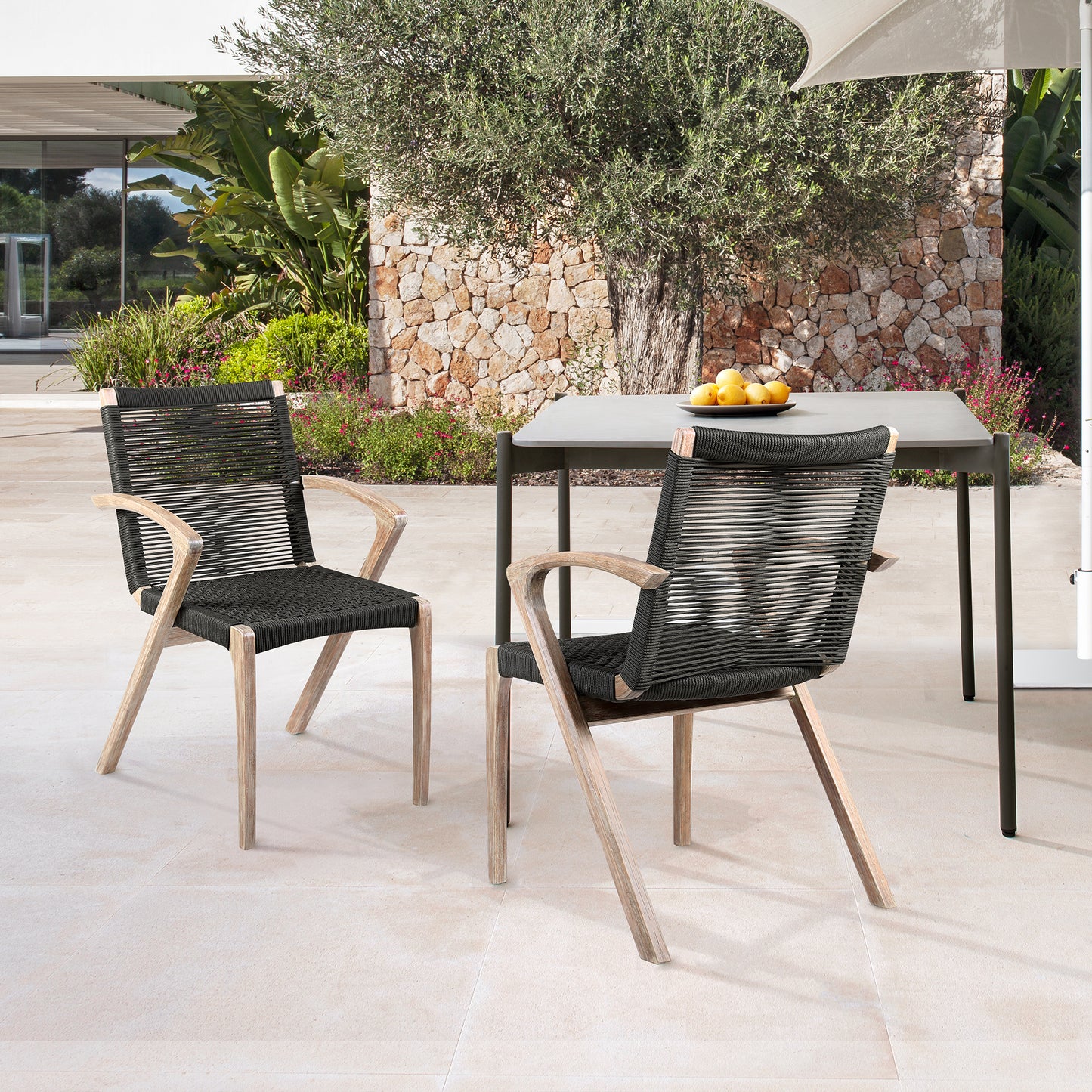 Nabila Outdoor Light Eucalyptus Wood and Charcoal Rope Dining Chairs - Set of 2