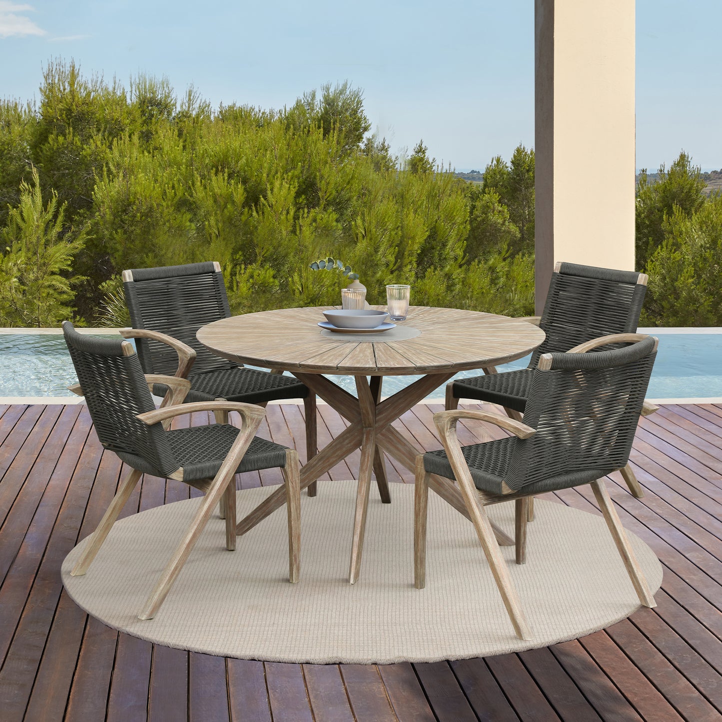 Nabila Outdoor Light Eucalyptus Wood and Charcoal Rope Dining Chairs - Set of 2