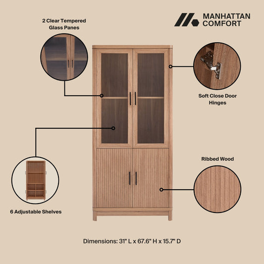 Manhattan Comfort Mid Century- Modern Jodie Bookcase with Adjustable Shelves and Tempered Glass Doors in Maple BC001-MP