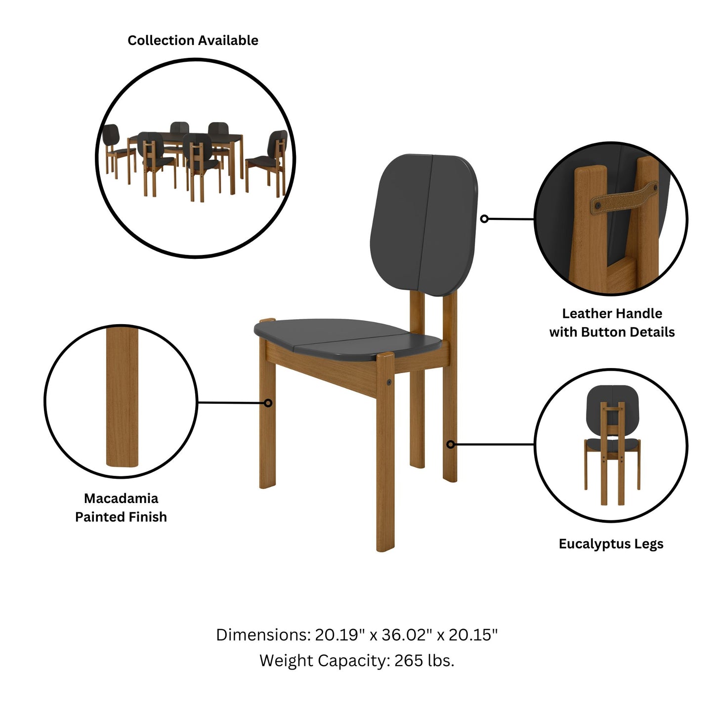 Manhattan Comfort Mid-Century Modern Gales Dining Chair with Solid Wood Legs in Black - Set of 2 DC-83938-BK