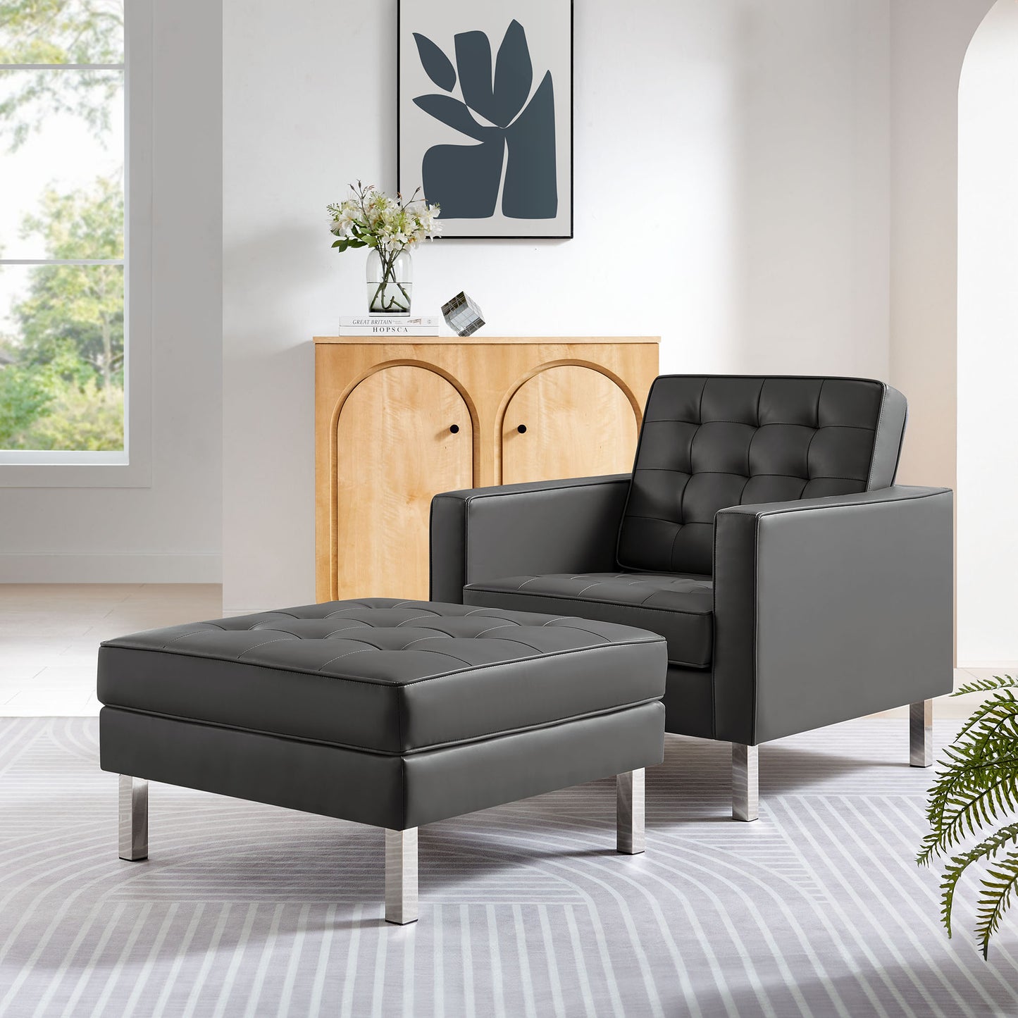 Loft Tufted Vegan Leather Armchair and Ottoman Set by Modway