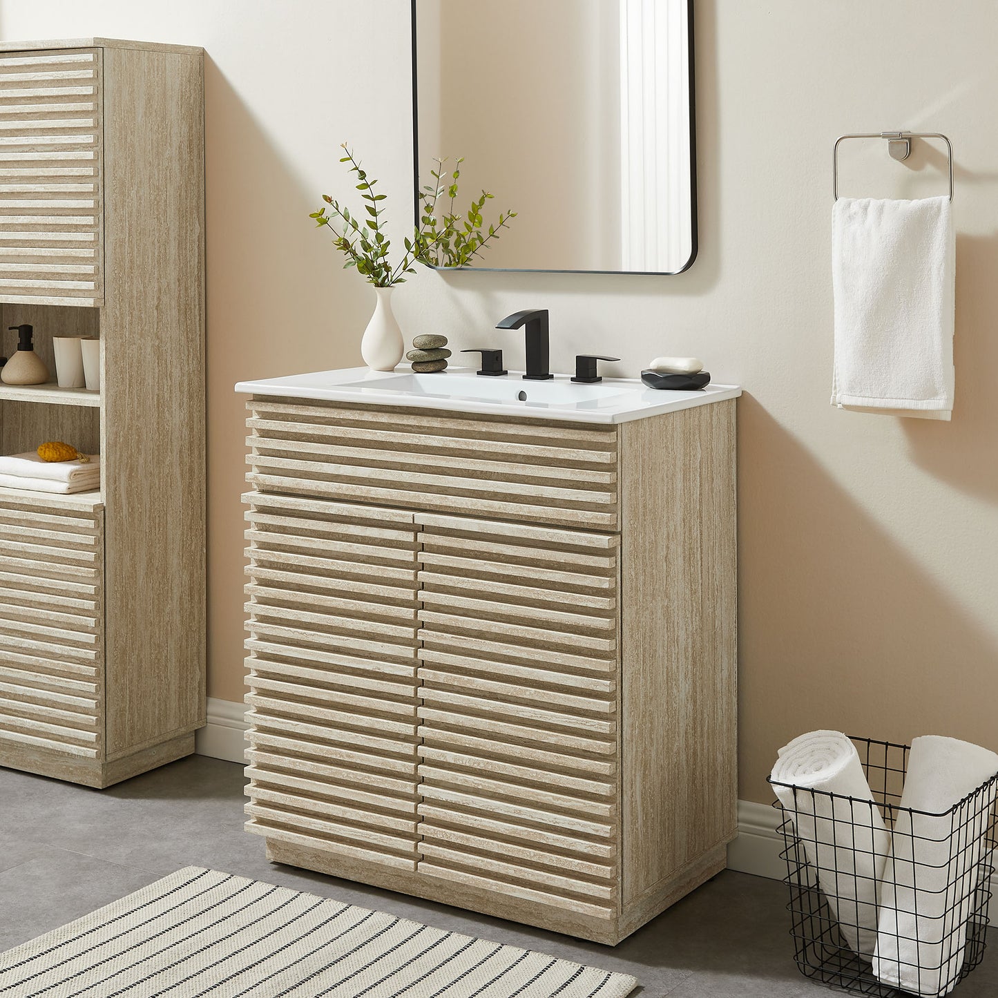 Render 30" Faux Travertine Bathroom Vanity Cabinet (Sink Not Included) by Modway EEI-6968-TRA