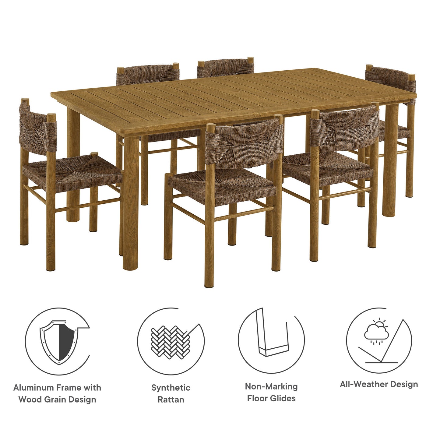 Parkland 7-Piece Rectangular Outdoor Patio Rattan and Aluminum Dining Table and Chairs Set by Modway EEI-7064-NAT