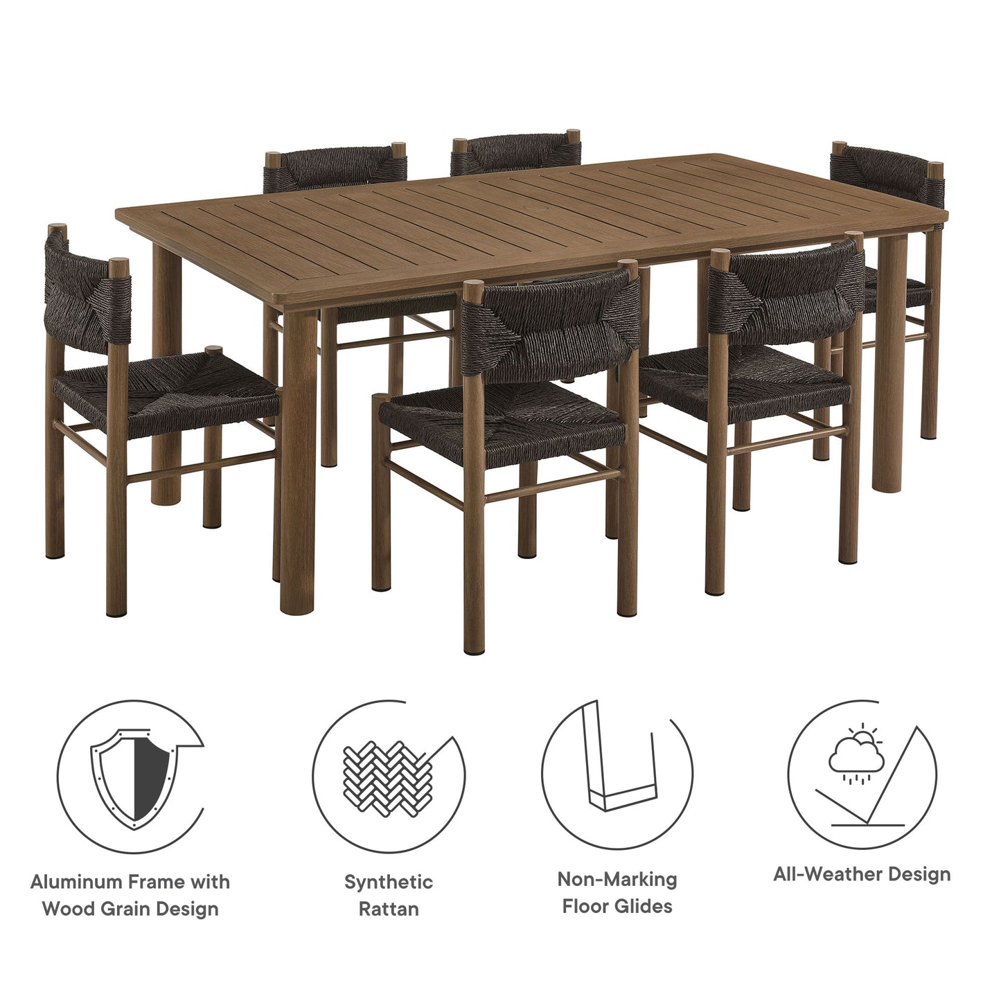 Parkland 7-Piece Rectangular Outdoor Patio Rattan and Aluminum Dining Table and Chairs Set by Modway EEI-7064-WAL