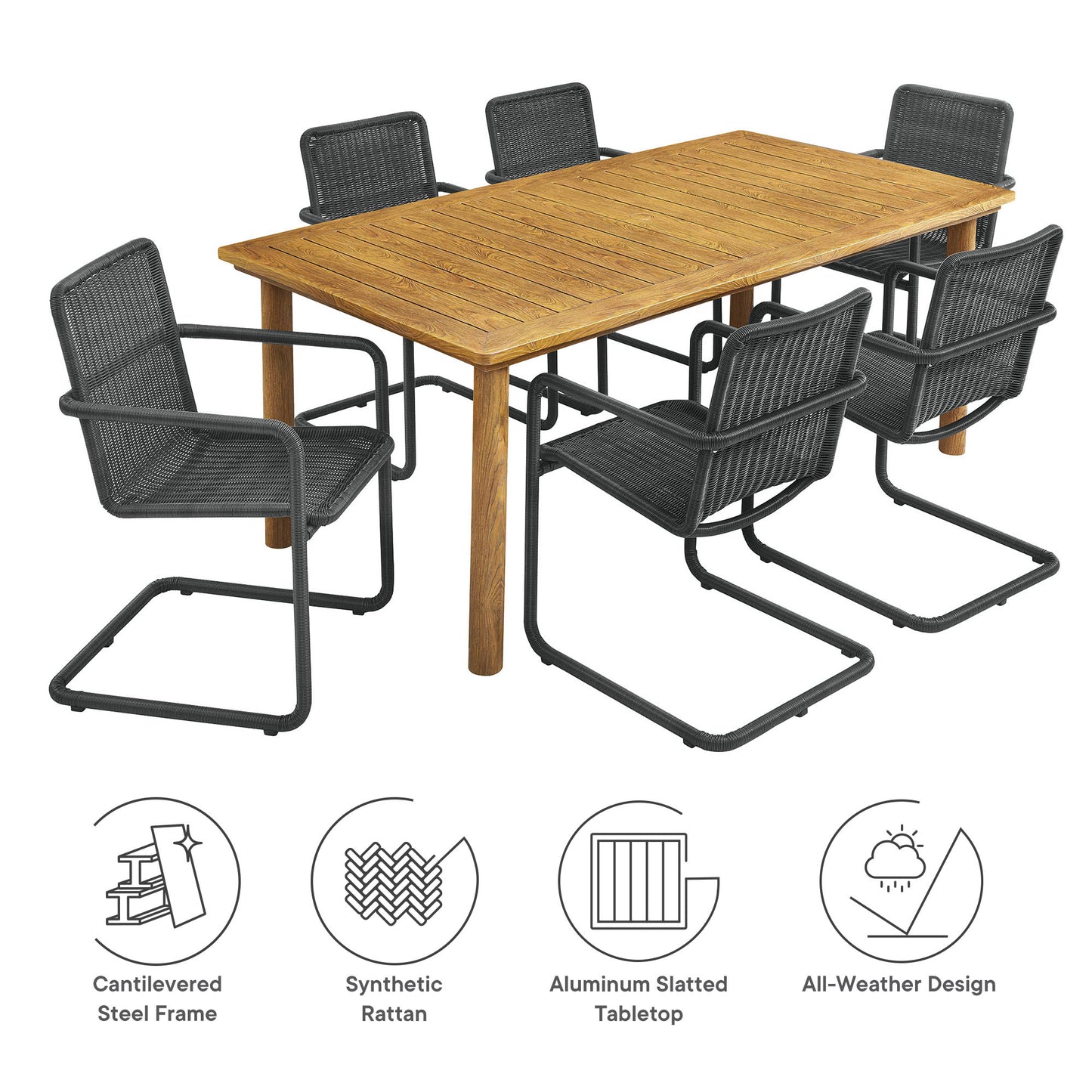 Abacus 7-Piece Rectangular Outdoor Patio Aluminum Dining Table Set with Rattan Armchairs by Modway EEI-7073-SLA-NAT