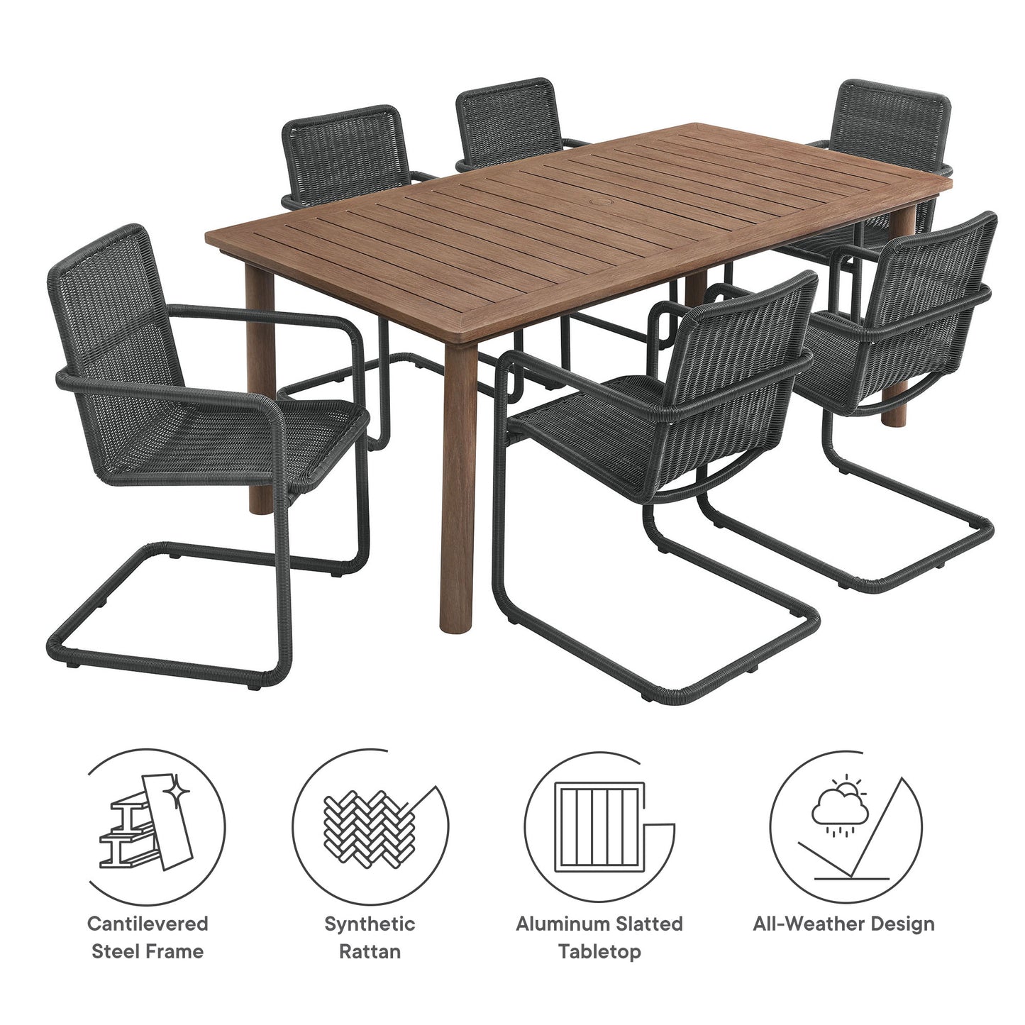 Abacus 7-Piece Rectangular Outdoor Patio Aluminum Dining Table Set with Rattan Armchairs by Modway EEI-7073-SLA-WAL