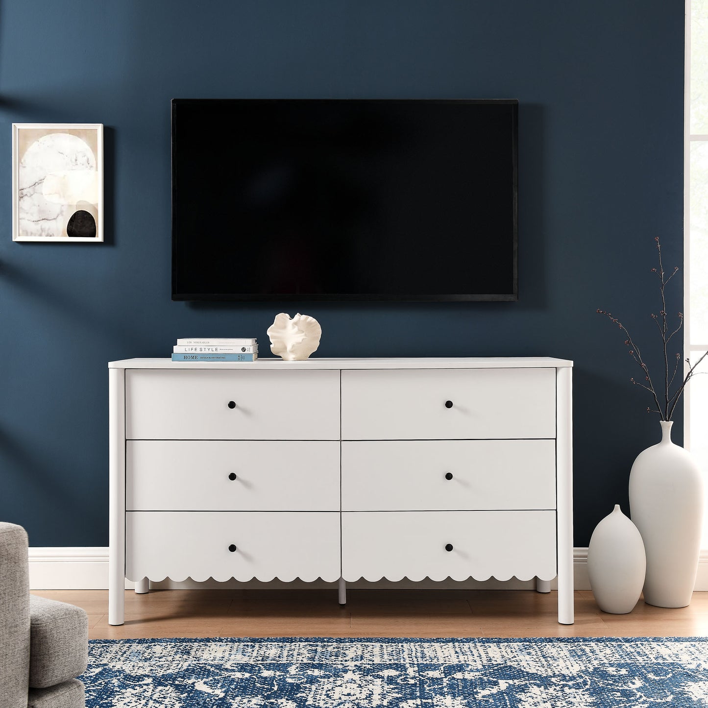 Emmeline Scalloped 5-Drawer Chest, 6-Drawer Dresser, and Rectangle Wall Mirror by Modway