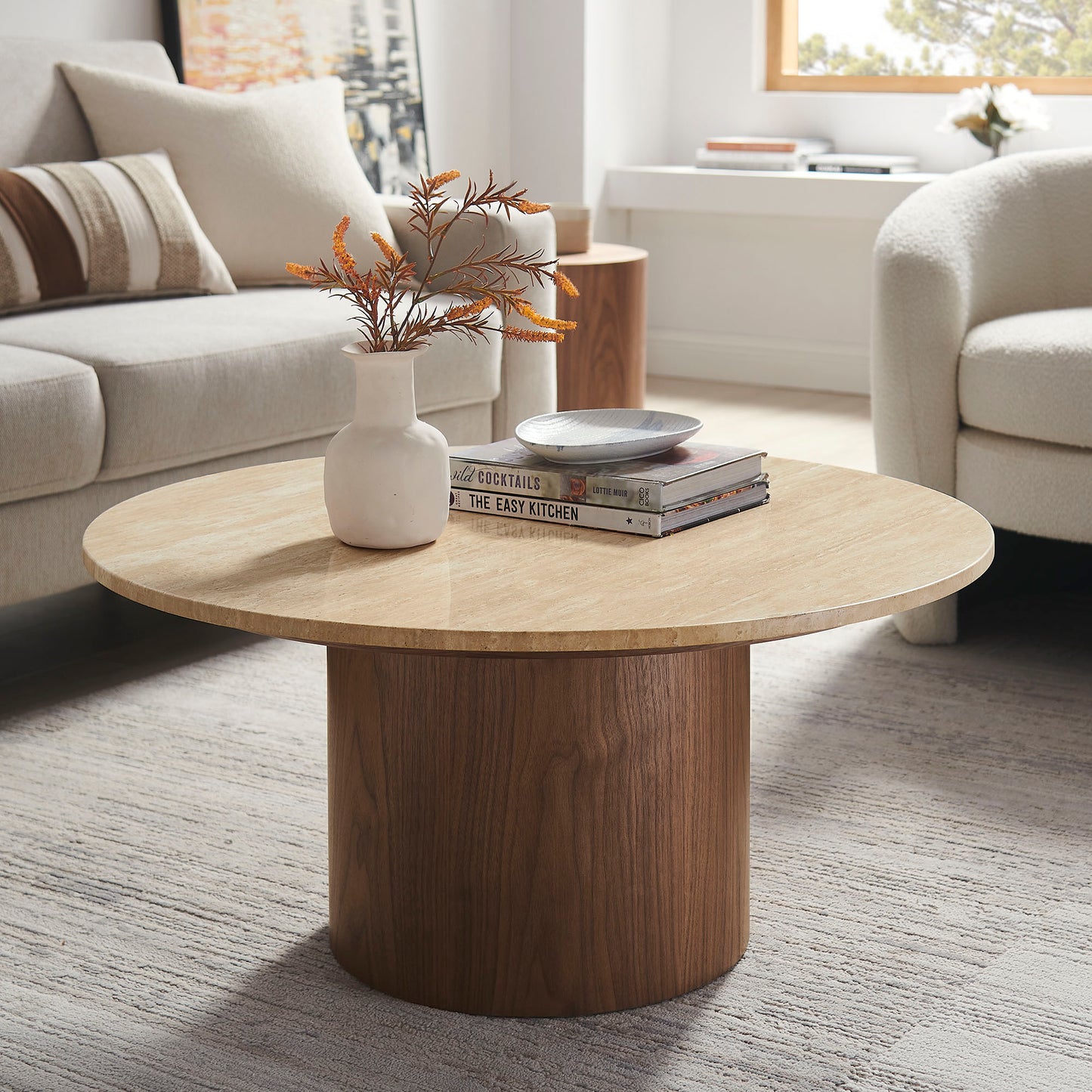 Kioni Round Travertine Coffee Table by Modway EEI-7170-WAL-TRV