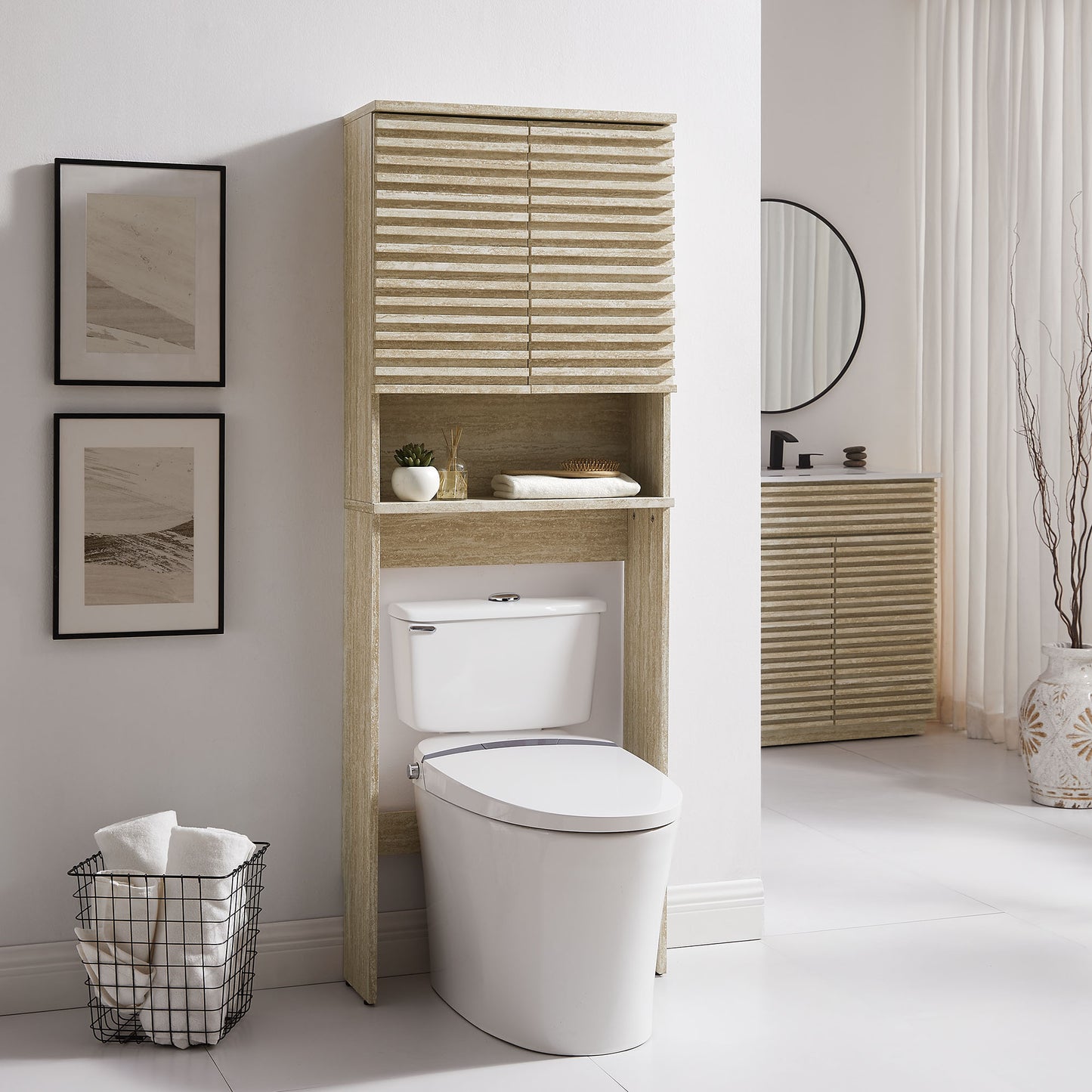 Render Over the Toilet Faux Travertine Bathroom Storage Cabinet by Modway EEI-7177-TRA