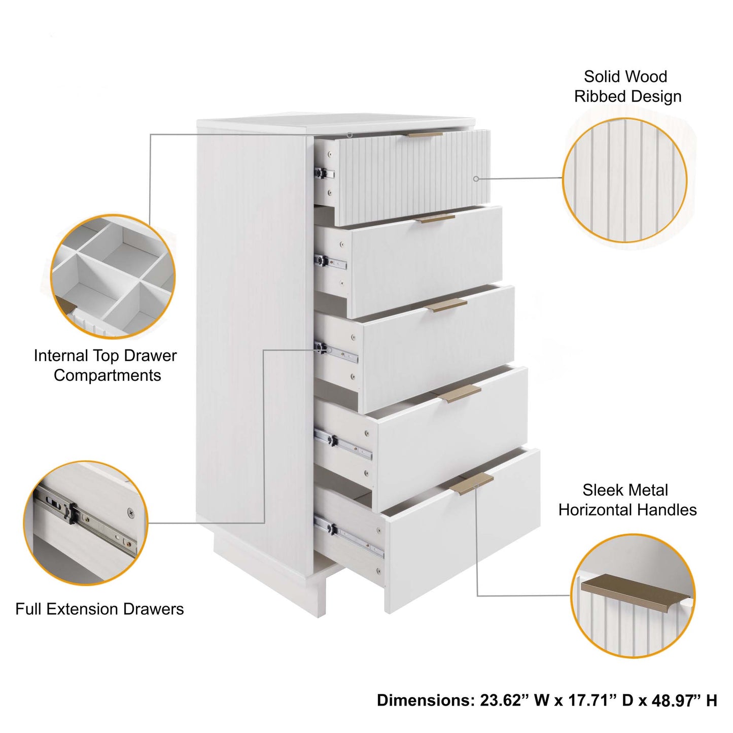 Manhattan Comfort 3-Piece Granville Modern Solid Wood Tall Narrow Chest, Double Dresser, and Nightstand Set