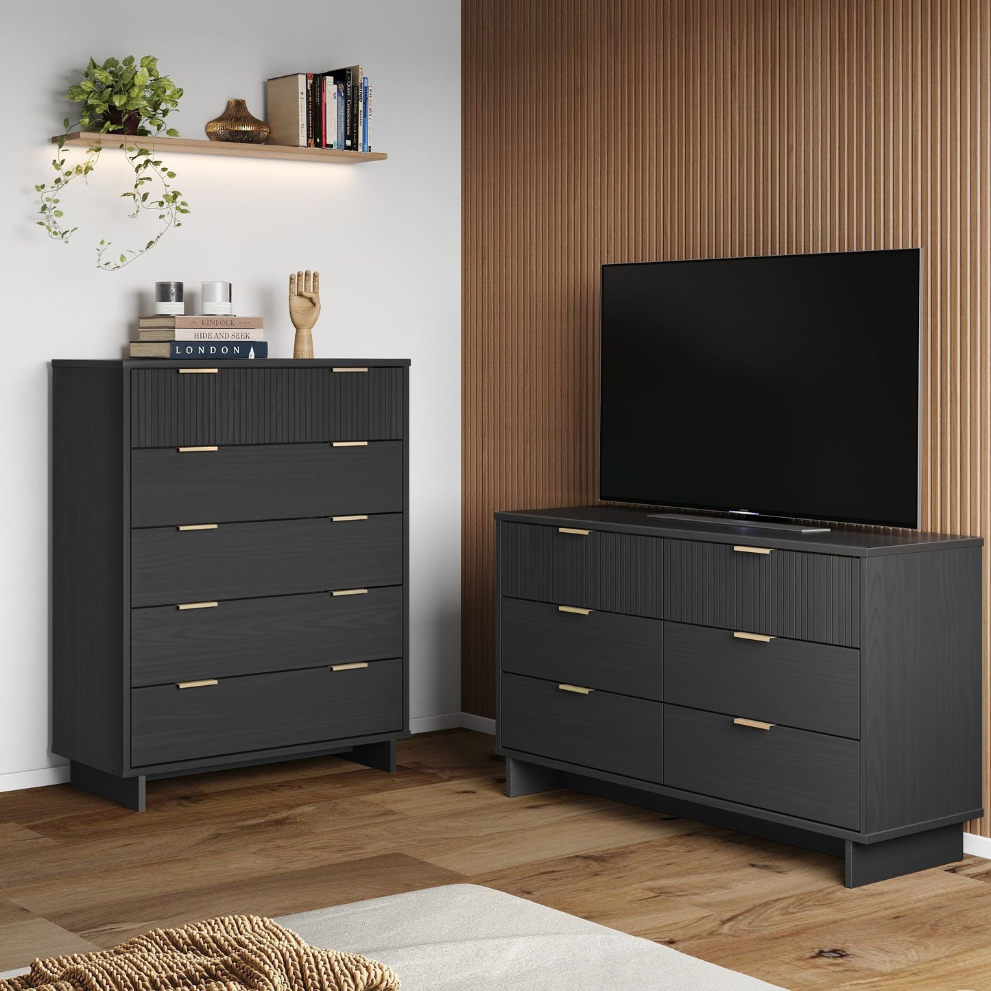 Manhattan Comfort 2-Piece Granville Modern Solid Wood Tall Chest and Double Dresser Set