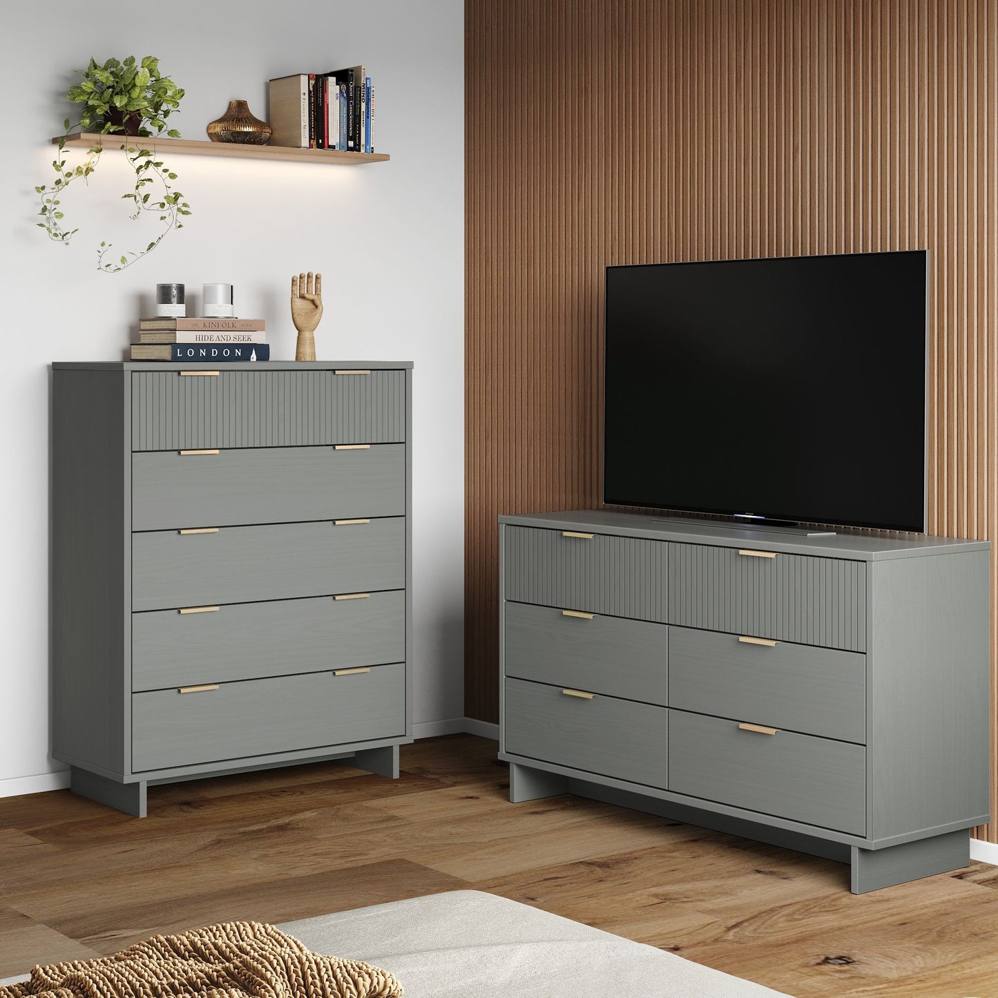 Manhattan Comfort 2-Piece Granville Modern Solid Wood Tall Chest and Double Dresser Set