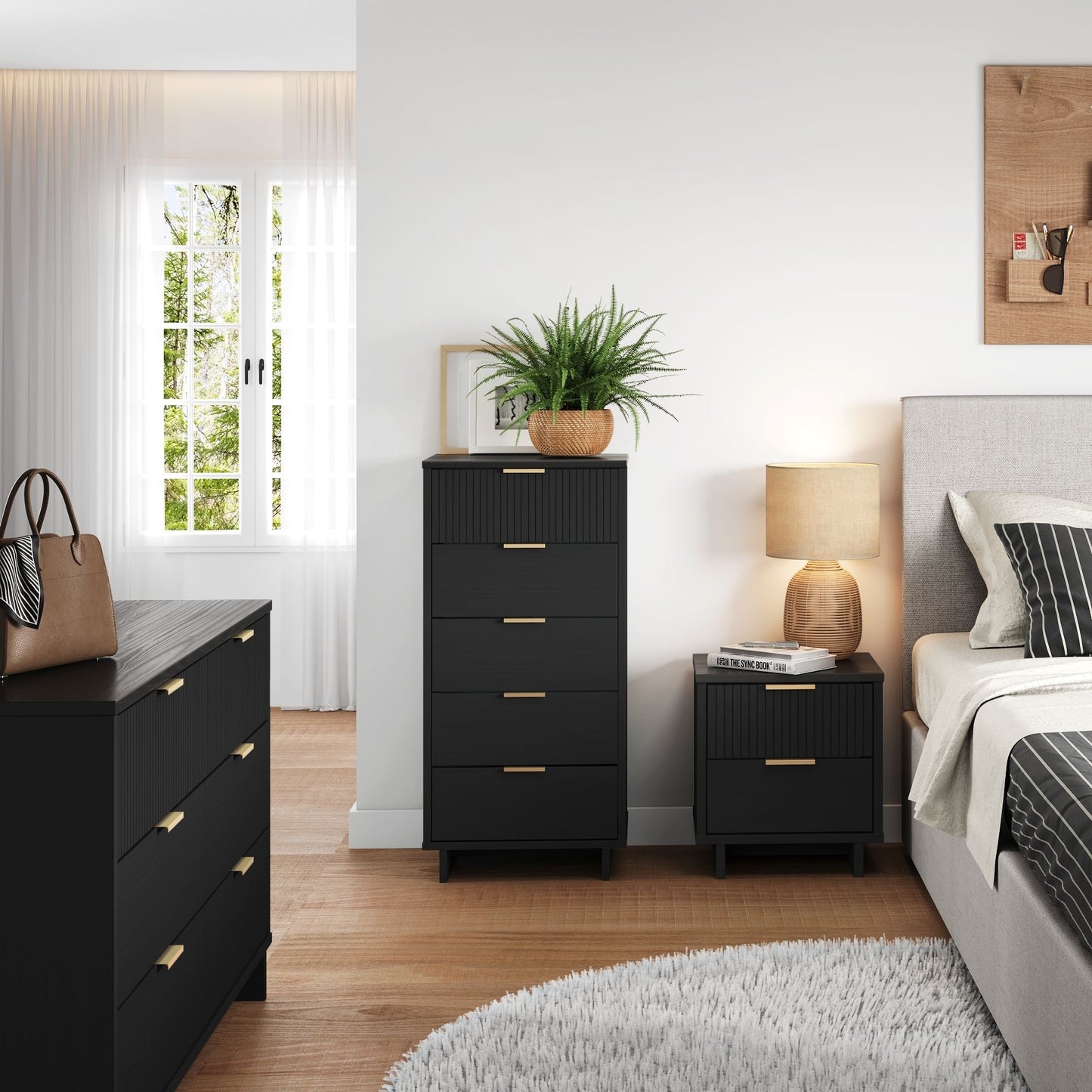 Manhattan Comfort 3-Piece Granville Modern Solid Wood Tall Narrow Chest, Double Dresser, and Nightstand Set