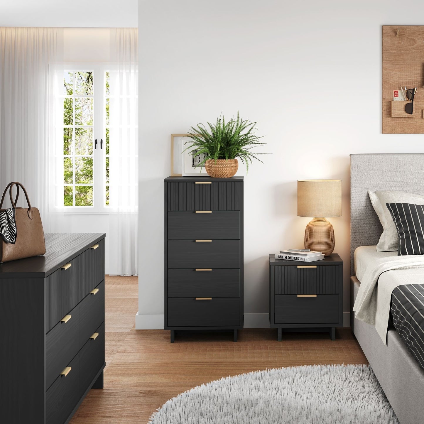 Manhattan Comfort 3-Piece Granville Modern Solid Wood Tall Narrow Chest, Double Dresser, and Nightstand Set