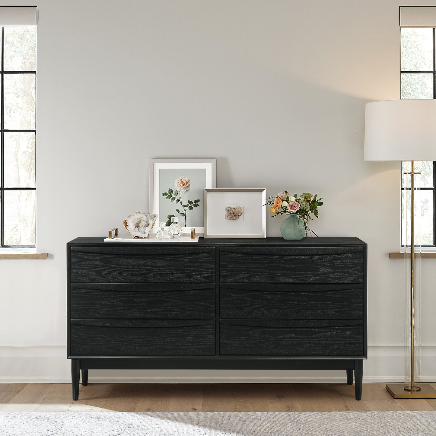 Artemio 6 Drawer Wood Dresser in Black and Walnut Finish