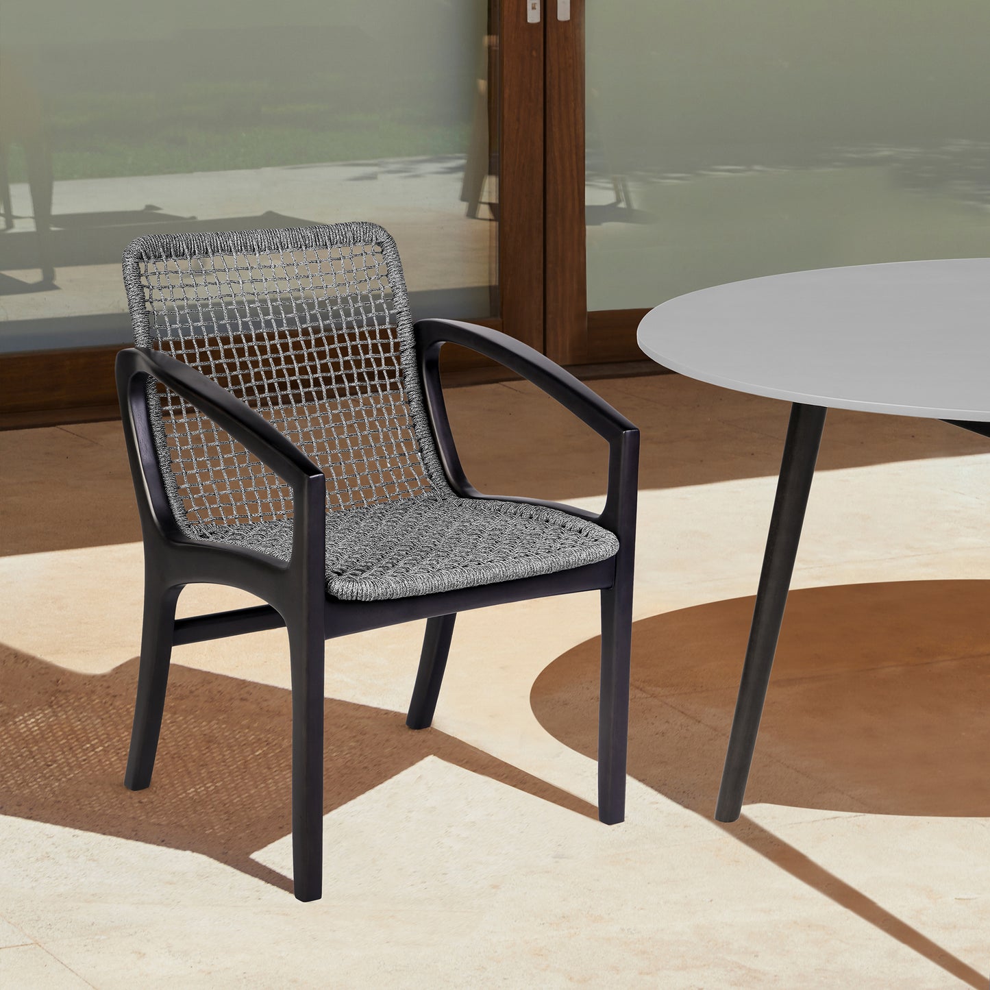 Beckham Outdoor Patio Dining Chair in Dark Eucalyptus Wood and Gray Rope