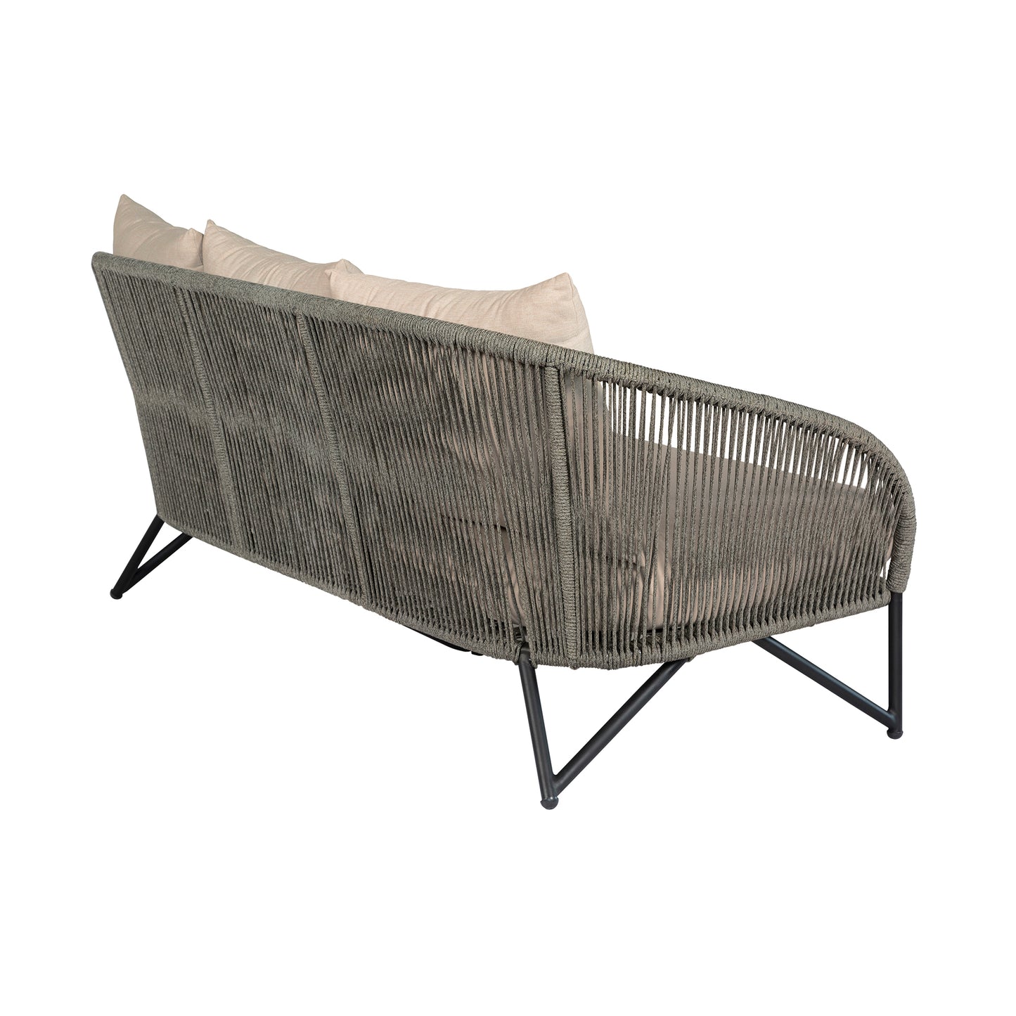 Benicia Outdoor Patio Sofa in Black Steel with Gray Rope and Taupe Olefin Cushions