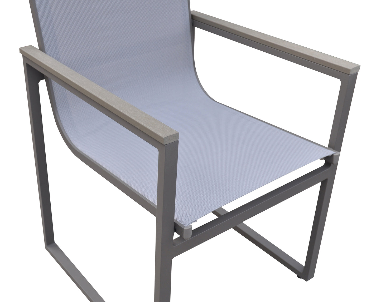 Bistro Outdoor Patio Dining Chair in Gray Powder Coated Finish with Gray Sling Textilene and Gray Wood Accent Arms - Set of 2