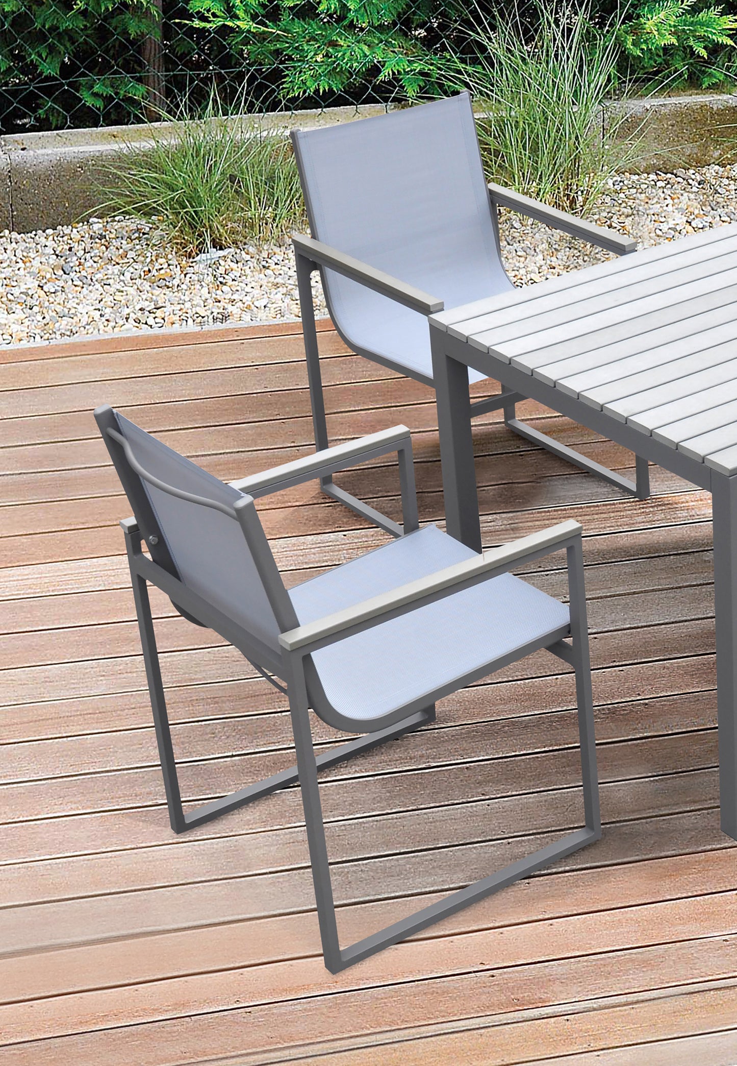 Bistro Outdoor Patio Dining Chair in Gray Powder Coated Finish with Gray Sling Textilene and Gray Wood Accent Arms - Set of 2