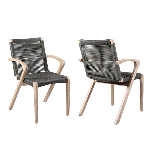 Brielle Outdoor Light Eucalyptus Wood and Charcoal Rope Dining Chairs - Set of 2