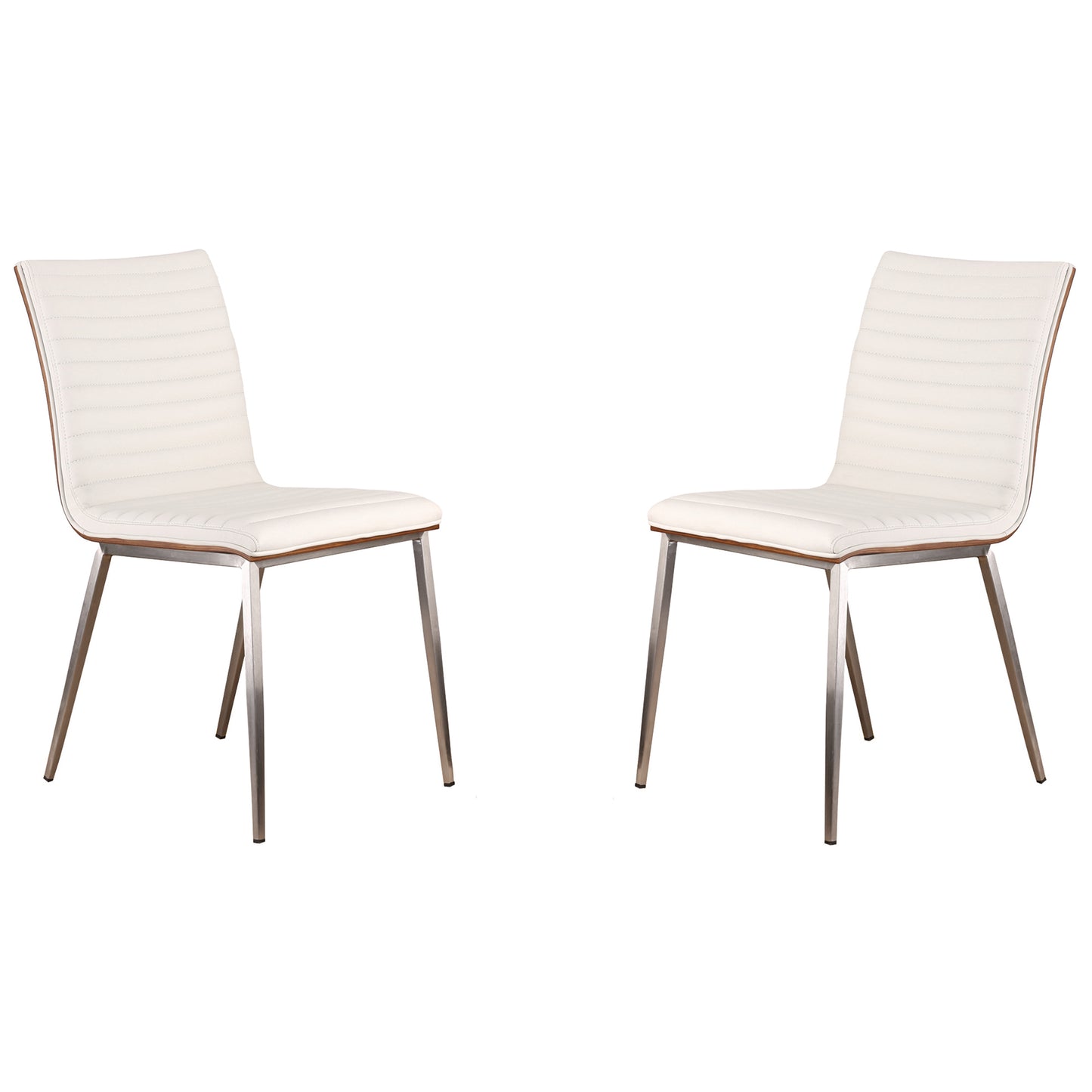 Café Brushed Stainless Steel Dining Chair in White Faux Leather with Walnut Back - Set of 2