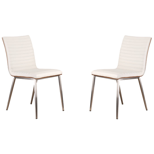 Café Brushed Stainless Steel Dining Chair in White Faux Leather with Walnut Back - Set of 2