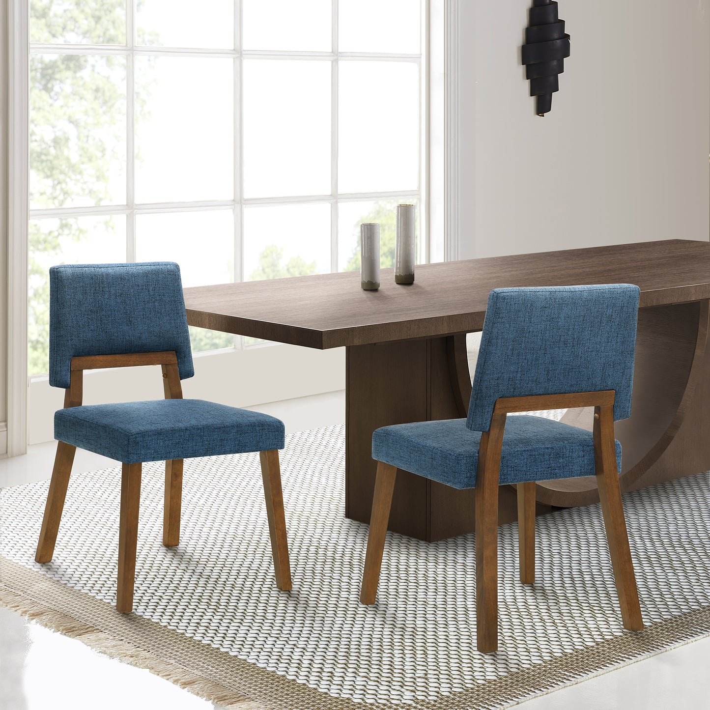 Channell Wood Dining Chair in Walnut Finish with Blue Fabric - Set of 2