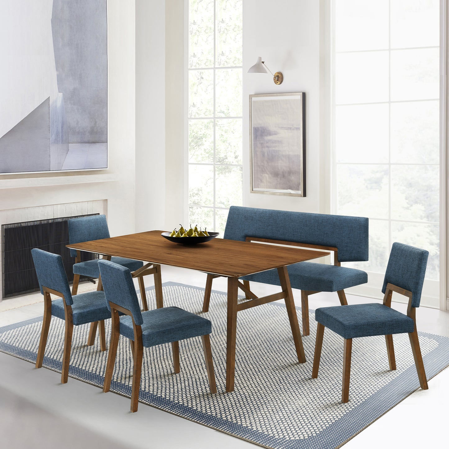 Channell Wood Dining Chair in Walnut Finish with Blue Fabric - Set of 2