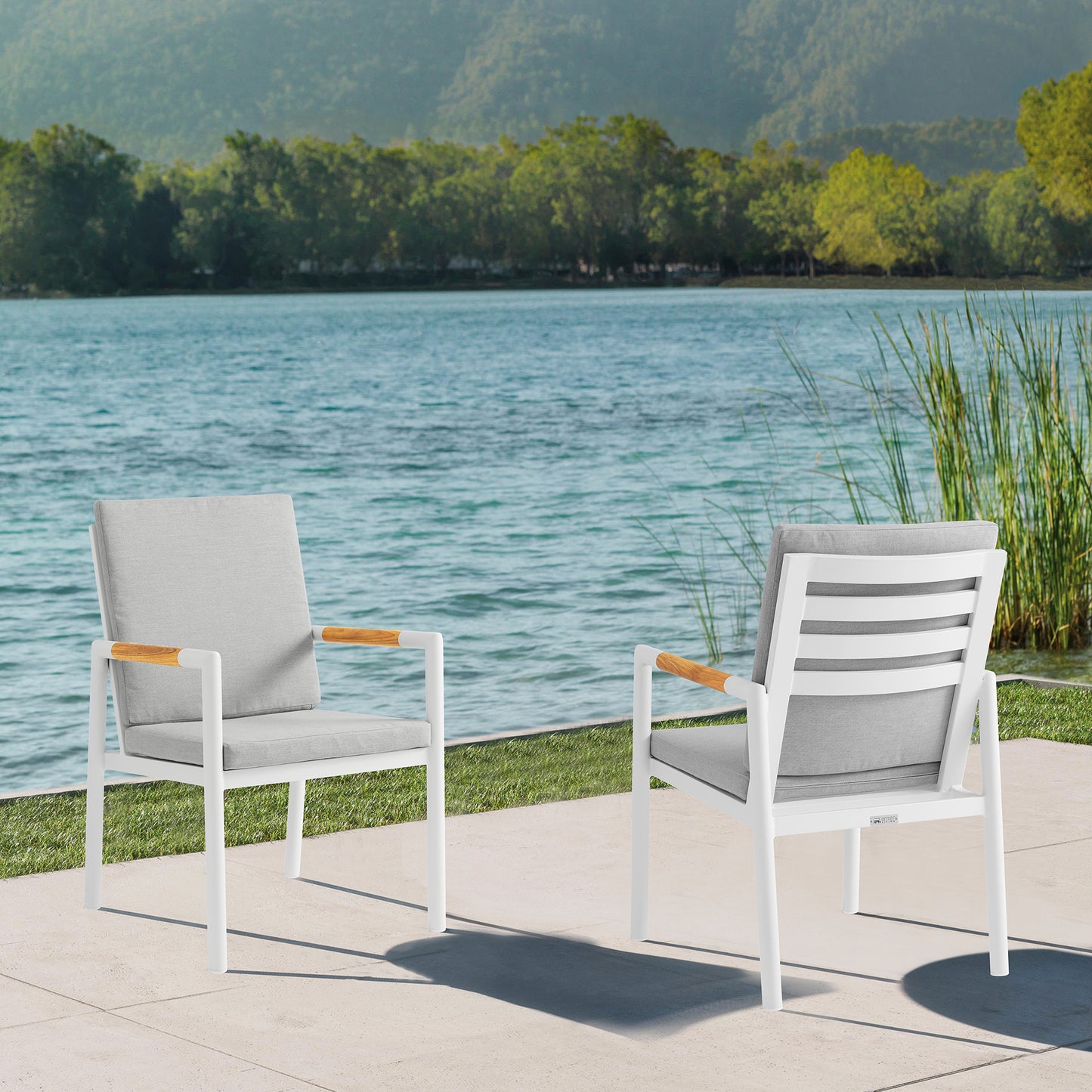 Crown White Aluminum and Teak Outdoor Dining Chair with Light Gray Fabric - Set of 2