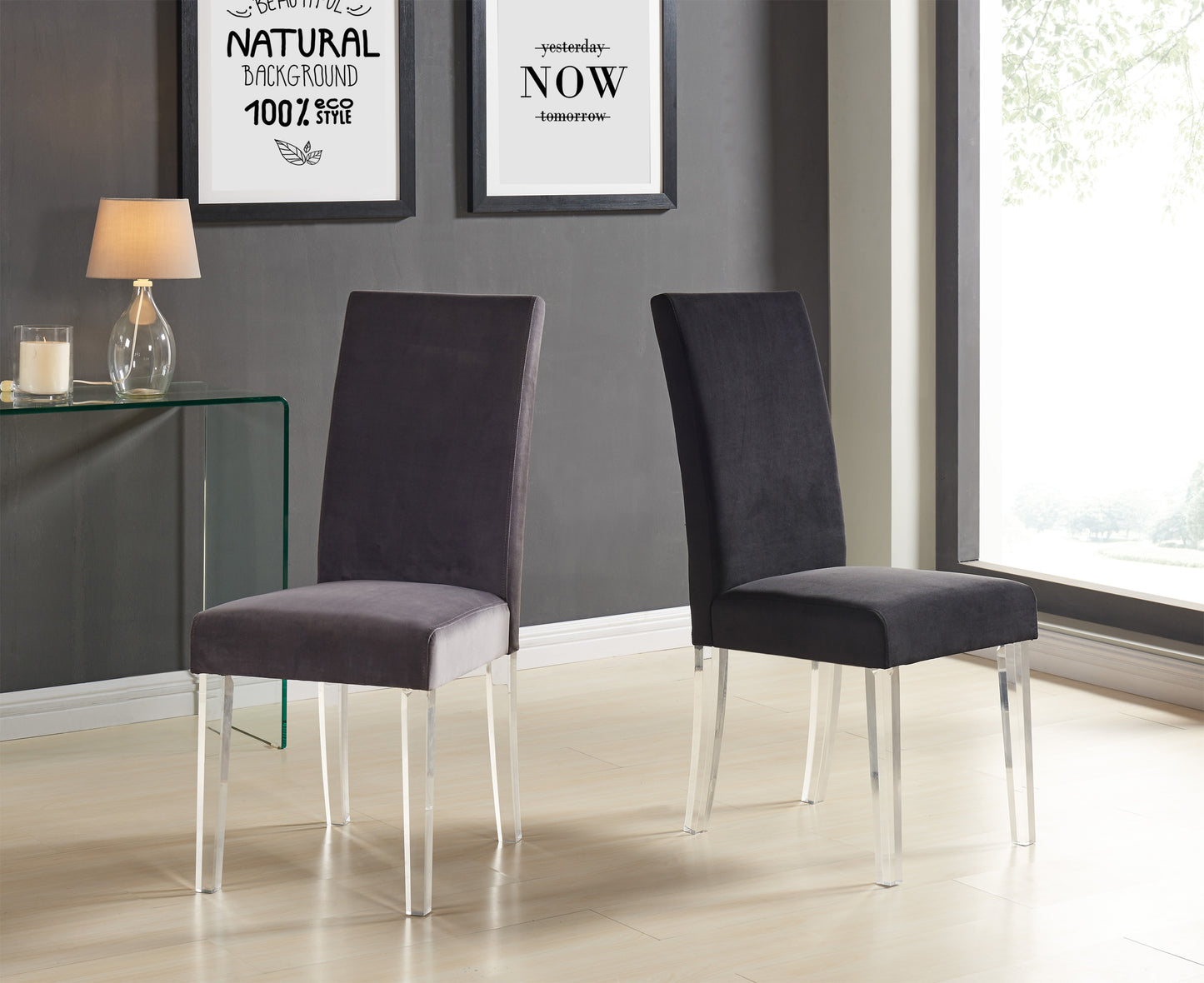 Dalia Modern and Contemporary Dining Chair in Black Velvet with Acrylic Legs - Set of 2