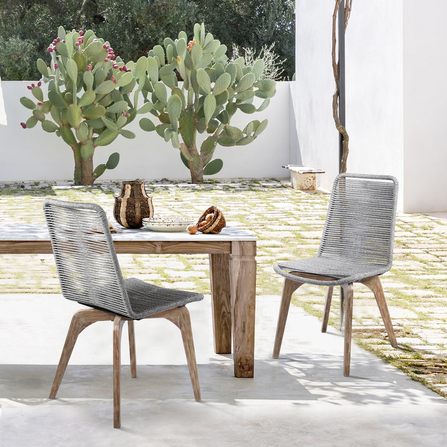 Island Outdoor Light Eucalyptus Wood and Gray Rope Dining Chairs - Set of 2