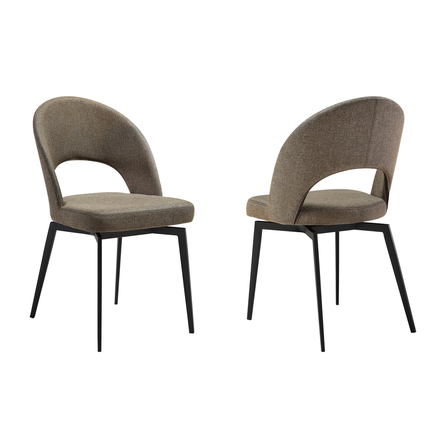 Lucia Swivel Upholstered Dining Chair in Brown Fabric with Black Metal Legs - Set of 2