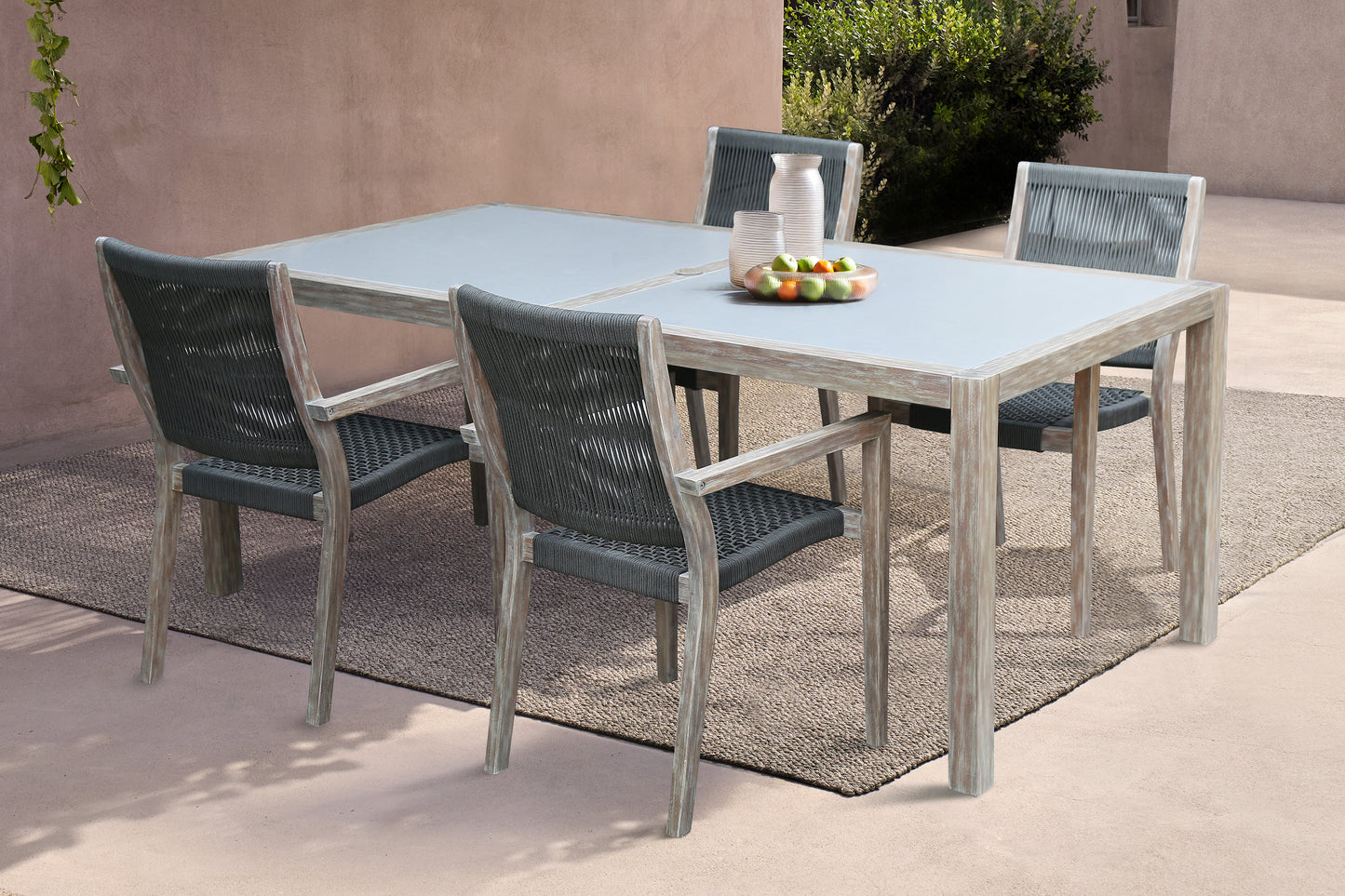 Madsen Outdoor Eucalyptus Wood and Charcoal Rope Dining Chairs with Gray Teak Finish - Set of 2