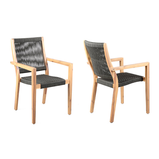 Madsen Outdoor Eucalyptus Wood and Charcoal Rope Dining Chairs with Teak Finish - Set of 2