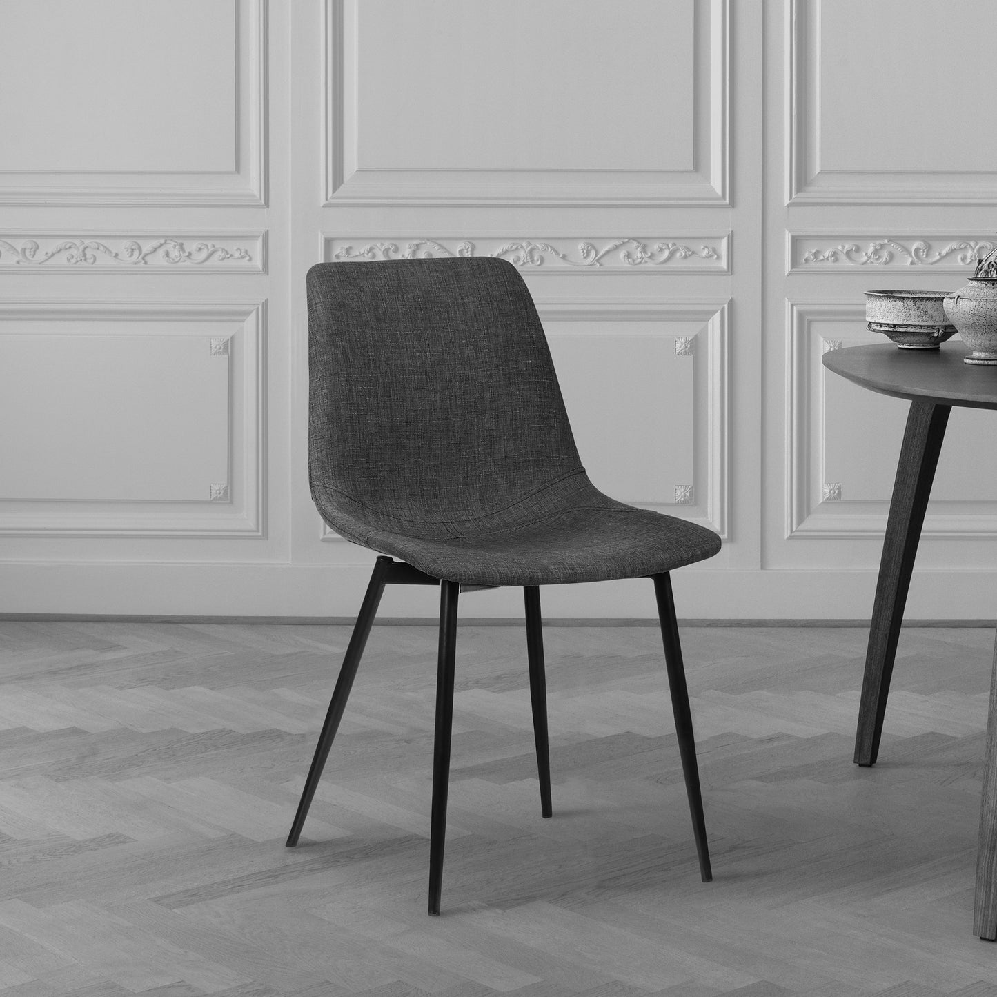 Monte Contemporary Dining Chair in Charcoal Fabric with Black Metal Legs