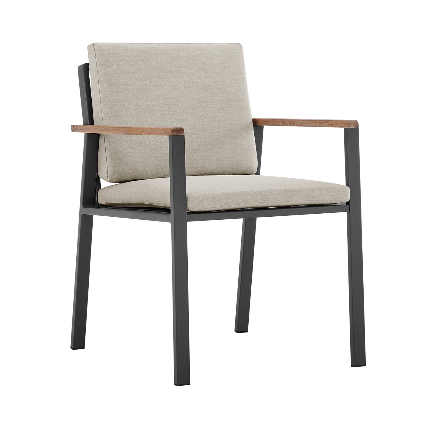 Nofi Outdoor Patio Dining Chair in Charcoal Finish with Taupe Cushions and Teak Wood Accent Arms - Set of 2